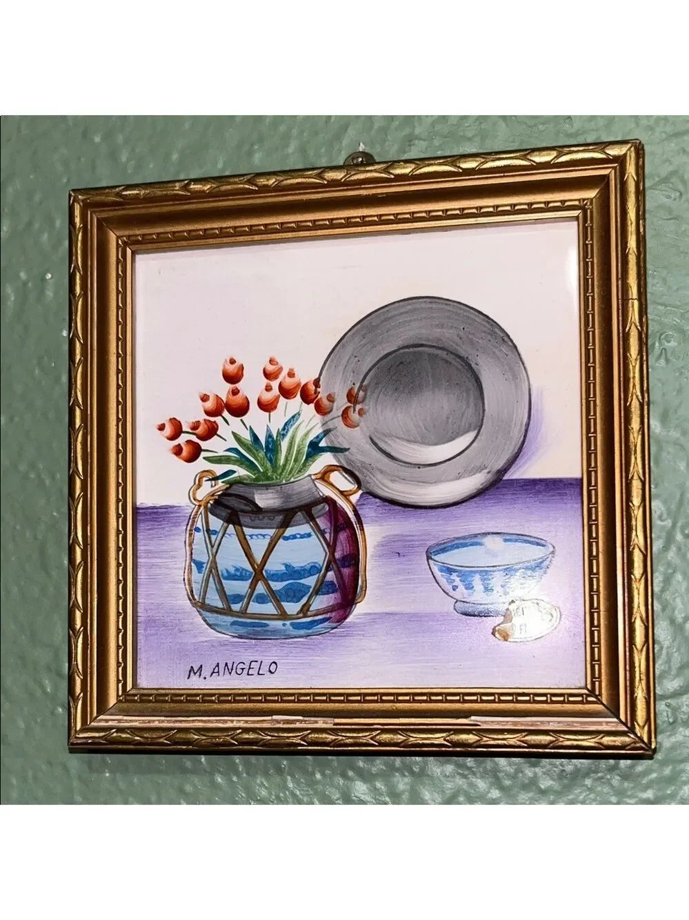 Vintage M Angelo Hand Painted Framed Tile Set Of 2 Japan